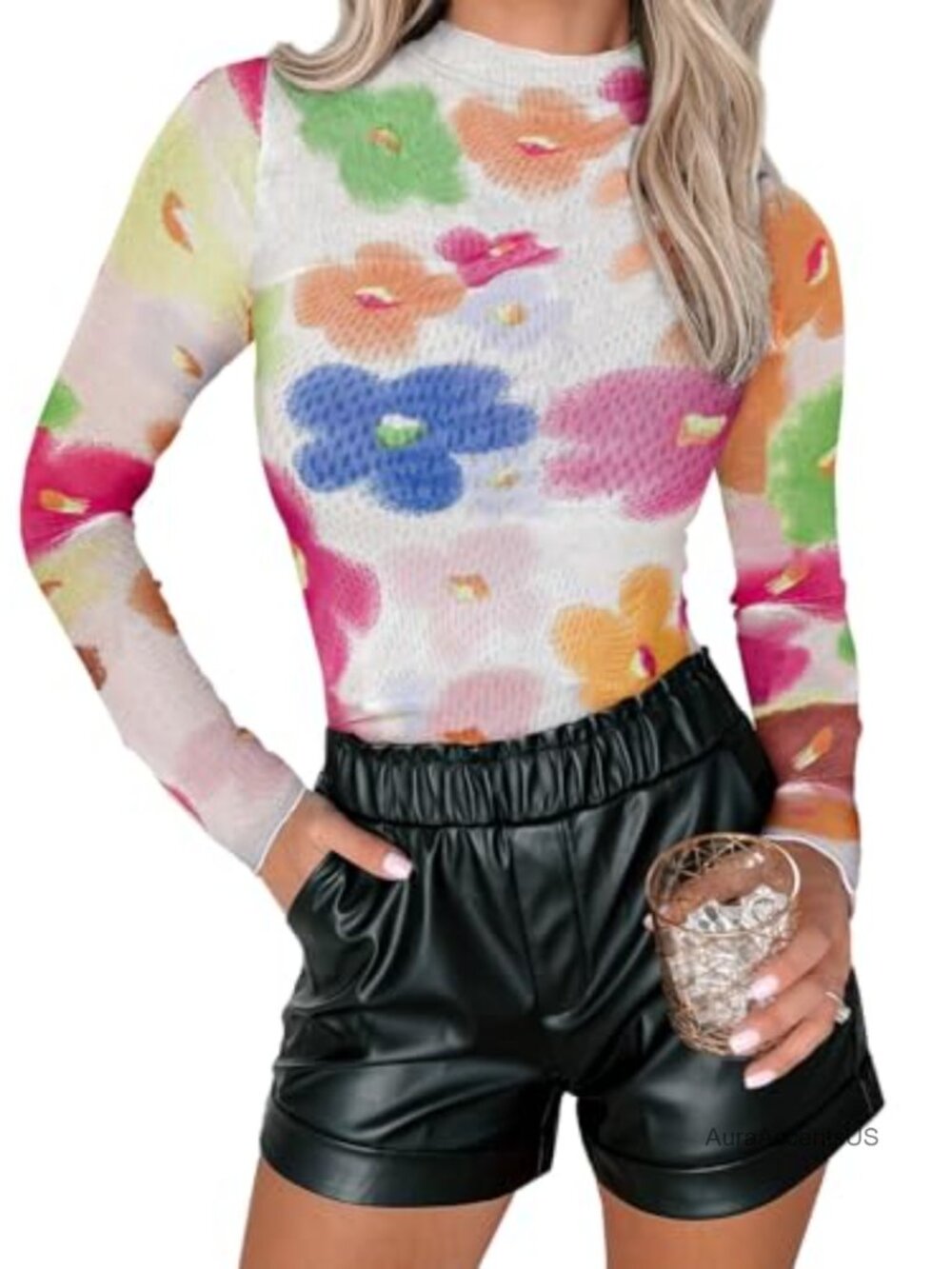 Women's Sheer Mesh Long Sleeve Mock Neck Floral Blouse Top